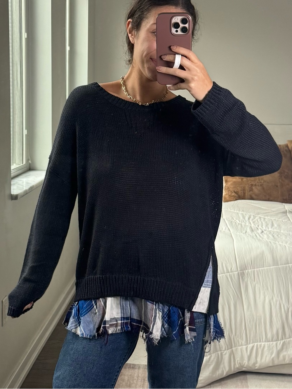 Vintage Havana Navy Blue Flannel Layered Sweater - small
